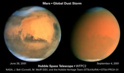 Hubble images show cloud formations (left) and the effects of a global dust storm on Mars (Credit: NASA/Hubble)