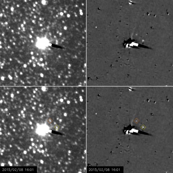 Annotated and unannotated versions of the LORRI images (top and bottom); the right side has had Pluto's glare and additional background stars removed. (Credit: NASA/Johns Hopkins University Applied Physics Laboratory/Southwest Research Institute)