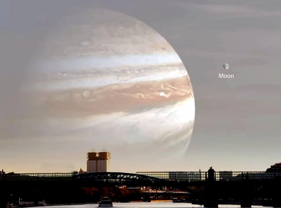 If Jupiter were moved to the Moon's distance it would span about 20 of sky or 40x the apparent diameter of the Full Moon. Credit: Roscosmos with additions by the author