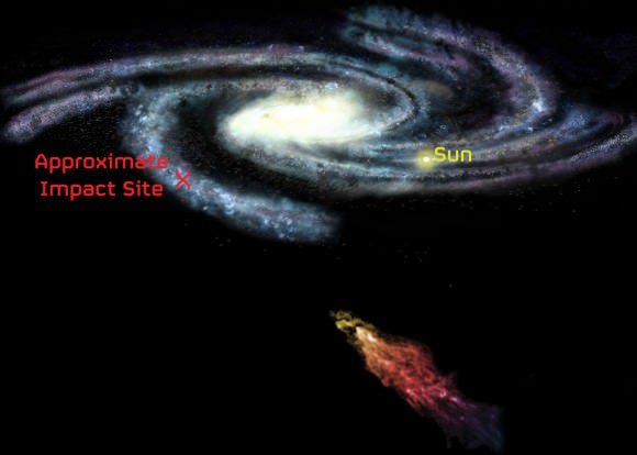 Artist's impression of the Smith Cloud approaching the Milky Way, with which it will collide in approximately 30 million years. The cloud's image from the GBT can be seen at bottom. Credit: NRAO/AUI/NSF