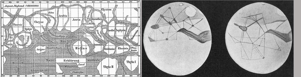 At left, drawings by Italian astronomer Giovanni Schiaparelli coinciding with Mars' close opposition with Earth in 1877. At right, the drawings of Percival Lowell who built the fine observatory in Flagstaff to support his interest in Mars and the search for a ninth planet. H.G. Wells published his book "War of the Worlds" in 1897. (Image Credits: Wikipedia)