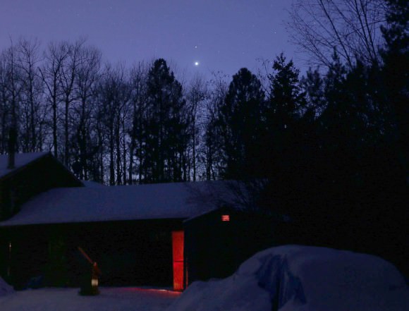 Last night, Feb. 19, Venus and Mars were 1 degree apart. Tonight they'll be even closer at just over 1/2° with the Moon a degree or so to their right. Credit: Bob King