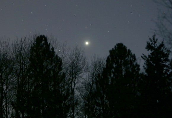 Venus and Mars photographed in mid-twilight with a 100mm telephoto lens at f/2.8. To prevent trailing of the planets, I cut the exposure in half to 4 seconds and increased the camera's ISO to 800. Credit: Bob King