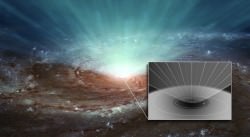 An illustration that shows the powerful winds driven by a supermassive black hole at the centre of a galaxy. The schematic figure in the inset depicts the innermost regions of the galaxy where a black hole accretes, that is, consumes, at a very high rate the surrounding matter (light grey) in the form of a disc (darker grey). At the same time, part of that matter is cast away through powerful winds. (Credits: XMM-Newton and NuSTAR Missions; NASA/JPL-Caltech;Insert:ESA)