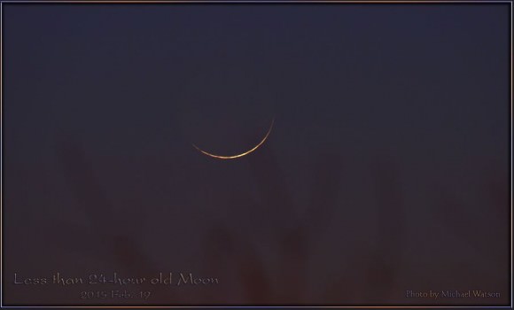 The less than 24-hour old Moon on February 19, 2015, as seen from Toronto, Canada. Credit and copyright: Michael Watson. 