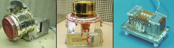 Three instruments will help measure the solar wind on the DSCOVR mission: (shown from left to right), the Faraday cup to monitor the speed and direction of positively-charged solar wind particles, the electron spectrometer to monitor electrons, and a magnetometer to measure magnetic fields.  Credit: NASA/DSCOVR
