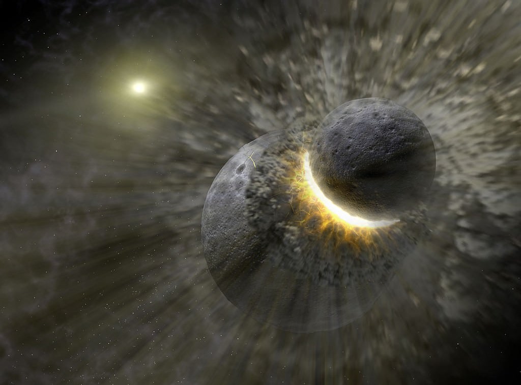 Artist's concept of a recent massive collision of dwarf planet-sized objects that may have contributed to the dust ring around the star Vega. 