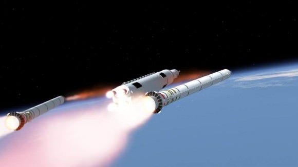 Solid rocket boosters separate from SLS core stage in this artists concept. Credit: NASA
