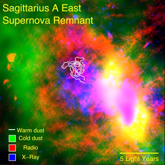 Composite image of SNR Sgr A East showing infrared SOFIA data outlined in white against X-ray and radio observations. (NASA/CXO/Herschel/VLA/Lau et al.)