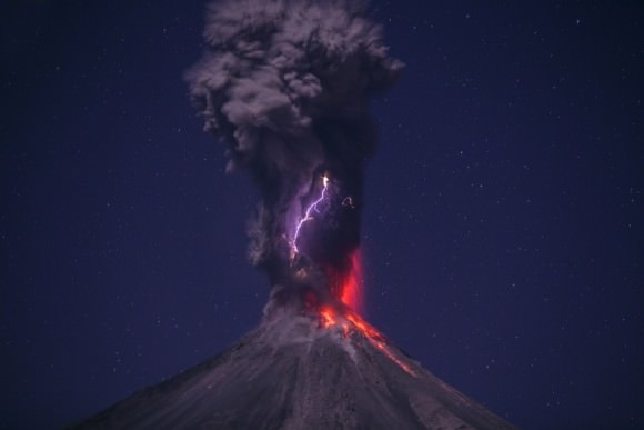 The Colima Volcano (Volcán de Colima) pictured on March 29, 2015 with lightning. Credit and copyright: César Cantú. 