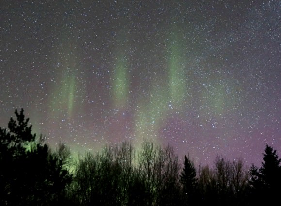 Like paw prints made by a cat, pale green auroral rays mark the northern sky around 5:45 a.m this morning March 17. Credit: Bob King