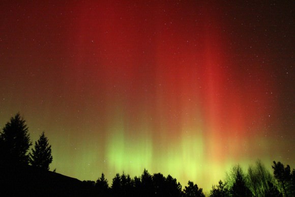 A wall of colorful red and green aurora met the eye and camera of Jim Schaff of Duluth this morning around 3 a.m. CDT. Credit: Jim Schaff
