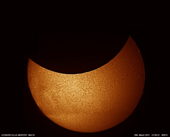 The March 20, 2015 solar eclipse taken from Malta with a PST solar telescope  in H-alpha. Credit and copyright: Leonard Mercer. 