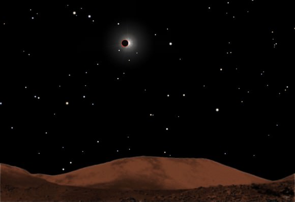 Artist view of Earth totally eclipsing the sun as viewed from the moon. Low angled sunlight filtered by our atmosphere is reddened in exactly the same way a setting sun is reddened. That red light bathes the moon’s surface which reflects a bit of it back toward Earth, giving us a red moon during totality.