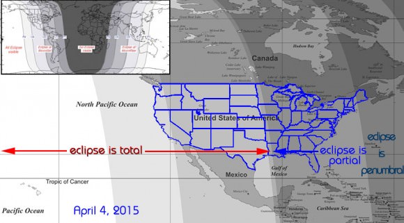 Map showing where the April 4 lunar eclipse will be penumbral, partial and total. Inset shows a world map. Credit: Larry Koehn / shadowandsubstance.com