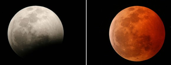 During the early partial phases you may not see the shadowed portion of the Moon with the naked eye. Binoculars and telescopes will show it plainly. But once the Moon's about 50% covered, the reddish-orange tint of the shadowed half becomes obvious. Credit: Jim Schaff