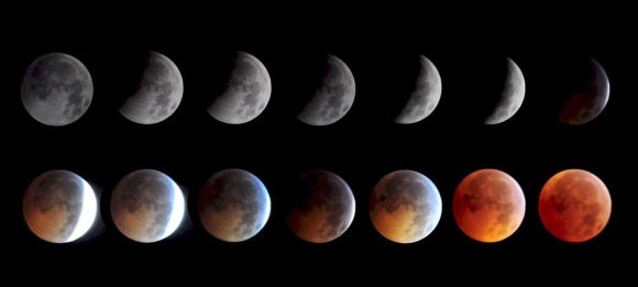 The phases of a total lunar eclipse. Saturday's eclipse will see the briefest totality in a century. Credit: Keith Burns / NASA