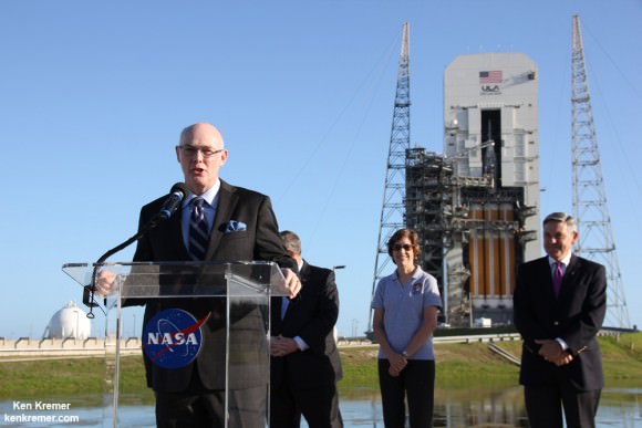 Tory Bruno, ULA President and CEO, speaks about the ULA launch of NASA’s Orion EFT-1 mission on Delta IV Heavy rocket in the background at the Delta IV launch complex 37 on Cape Canaveral Air Force Station, Florida. Credit: Ken Kremer- kenkremer.com 