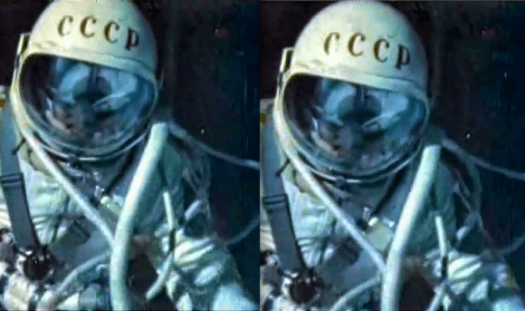 Alexei Leonov during the first ever spacewalk on March 18, 1965. Cross-eyed 3-D stereo pair created from individual frames from the movie of the walk. Credit: Andrew Chaikin.