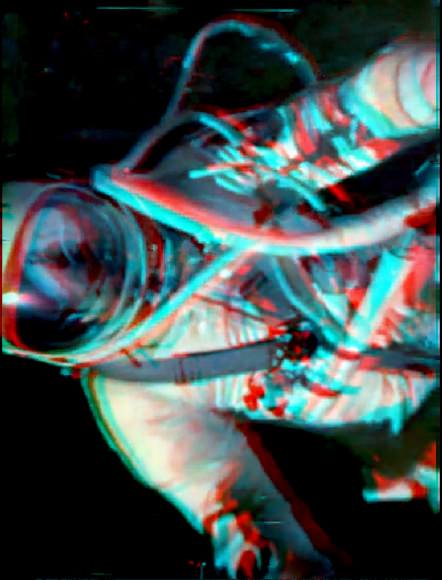 Alexei Leonov during the first ever spacewalk on March 18, 1965. 3-D anaglyph created from individual frames from the movie of the walk. Credit: Andrew Chaikin.
