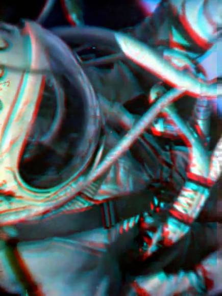 Alexei Leonov during the first ever spacewalk on March 18, 1965. 3-D anaglyph created from individual frames from the movie of the walk. Credit: Andrew Chaikin. 