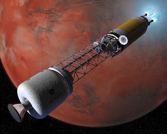 The Crew Transfer Vehicle (CTV) using its nuclear-thermal rocket engines to slow down and establish orbit around Mars. Credit: NASA