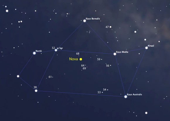 Close-in map of Sagittarius showing the nova's location (R.A. 18h36m57s Decl. -28°55'42") and neighboring stars with their magnitudes. For clarity, the decimal points are omitted from the magnitudes, which are from the Tycho catalog. Source: Stellarium