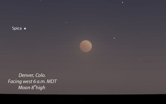 Totality will be visible From Denver, Colorado with the Moon low in the western sky. Source: Stellarium
