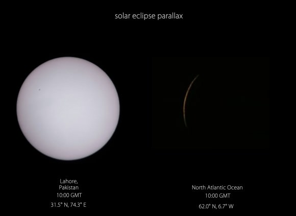 Parallax in action: the view from Lahore Pakistan vs Slooh's view shortly before totality. Credit:  Roshaan. Lahore Astronomical Society, Pakistan.