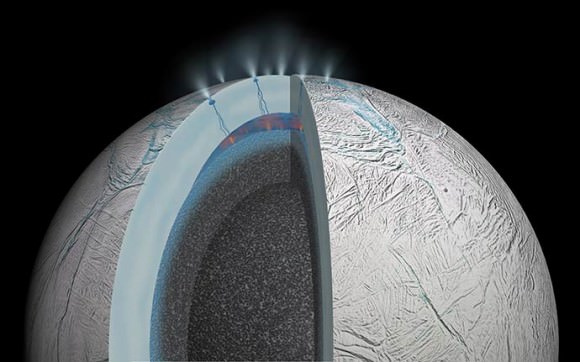 Artist's rendering of possible hydrothermal activity that may be taking place on and under the seafloor of Enceladus. Image Credit: NASA/JPL