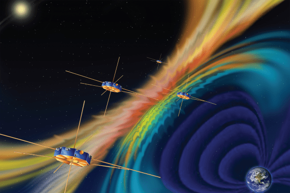 Artist's concept of the MMS observatory fleet with rainbow magnetic lines. Image Credit: NASA