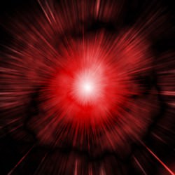 Nova illustration with an expanding cloud of debris surrounding central fireball emitting red hydrogen-alpha light. 