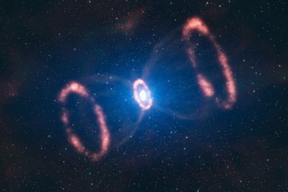 Artistic representation of the material around the supernova 1987A. Credit: ESO/L. Calçada