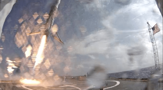 Falcon 9 first stage approaches Just Read the Instructions. Image of SpaceX Falcon 9 first start booster in final moments of hard landing on ocean going barge after CRS-6 launch. Credit: SpaceX