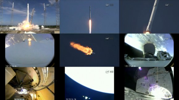 The series of images shows the journey the SpaceX Falcon 9 rocket and Dragon spacecraft from its launch at 4:10 p.m. EDT on Tuesday April 14, 2015 from Space Launch Complex 40 at Cape Canaveral Air Force Station in Florida, to solar array deployment. Credit: NASA TV