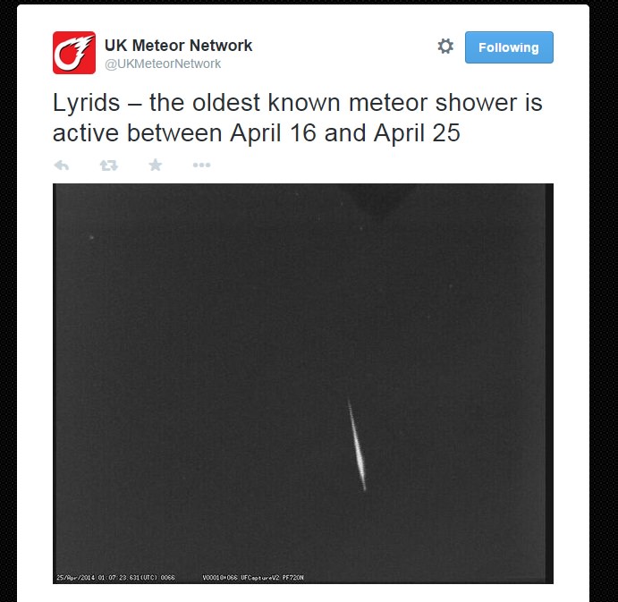 A 2014 Lyrid fireball. Credit: The UK Meteor Network