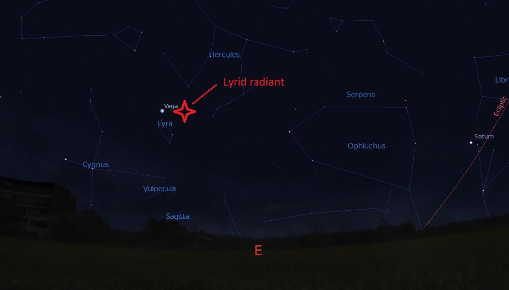 The radiant for the 2015 Lyrids as seen from 40 degrees north latitude at local midnight. Credit: Stellarium.