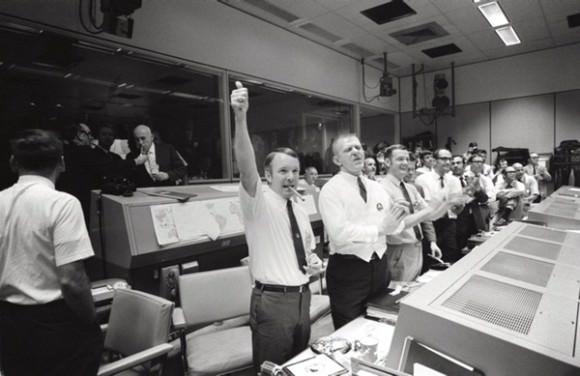 Gerry Griffin, Gene Kranz, and Glynn Lunney celebrate the Apollo 13 recovery. Credit: NASA.
