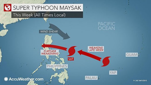 A graphic showing Typhoon Maysak's projected path. Credit: AccuWeather.com