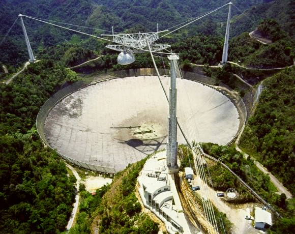 The Arecibo Radio Telescope in Puerto Rico was the site of NASA's High Resolution Microwave Survey, a search for extraterrestrial radio messages.  Funding was cut off for the project in 1993 following criticism in congress.  Credit: Unites States National Science Foundation