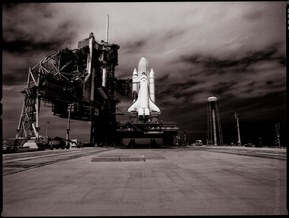 Atlantis just after roll out and pad lock down at Pad 39A at Kennedy Space Center for the STS-125  Hubble Servicing Mission.  March 31, 2009. Credit and copyright: Michael Soluri.