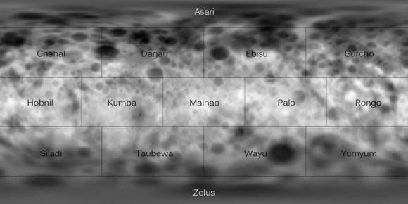 A topographic map of Ceres with provisional names given to each quadrangle. Ceres' craters are named for agricultural gods; other features after world agricultural festivals. Credit: NASA / JPL / UCLA / MPS / DLR / IDA / JohnVV / Emily Lakdawalla