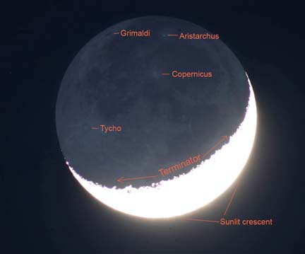 Earthshine gets easier to see once the Moon moves a little further from the Sun and into a dark sky. Our planet provides enough light to spot some of the larger craters. Credit: Bob King