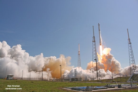 SpaceX Falcon 9 and Dragon blastoff from Space Launch Complex 40 at Cape Canaveral Air Force Station in Florida on April 14, 2015 at 4:10 p.m. EDT  on the CRS-6 mission to the International Space Station. Credit: Ken Kremer/kenkremer.com