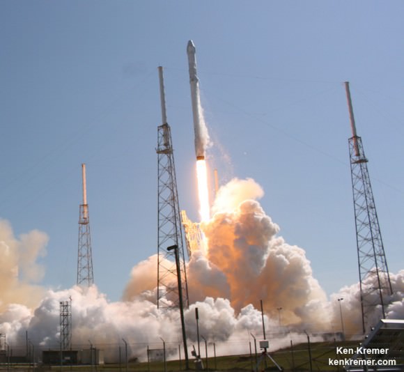 SpaceX Falcon 9 and Dragon blastoff from Space Launch Complex 40 at Cape Canaveral Air Force Station in Florida on April 14, 2015 at 4:10 p.m. EDT  on the CRS-6 mission to the International Space Station. Credit: Ken Kremer/kenkremer.com 