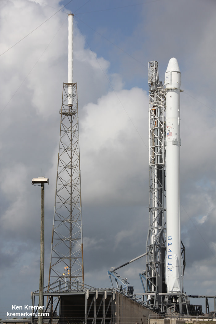 SpaceX Falcon 9 and Dragon poised at Cape Canaveral Space Launch Complex 40 in Florida for planned April 14 launch to the International Space Station on the CRS-6 mission. Credit: Ken Kremer/kenkremer.com