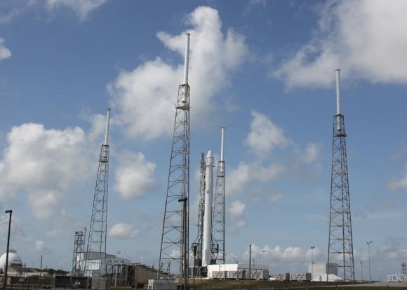 SpaceX Falcon 9 and Dragon erected at Cape Canaveral pad 40 in Florida in advance of April 14 launch to the International Space Station on the CRS-6 mission. Credit: Ken Kremer/kenkremer.com