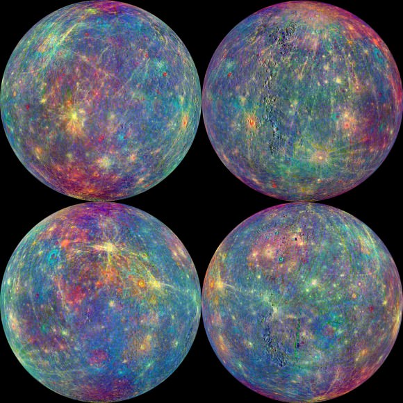 False color images of Mercury taken with MESSENGER's Mercury Atmosphere and Surface Composition Spectrometer (MASCS) in everything from infrared to ultraviolet light reveal colorful differences in terrain and surface mineralogy. Credit: NASA/Johns Hopkins University Applied Physics Laboratory/Carnegie Institution of Washington