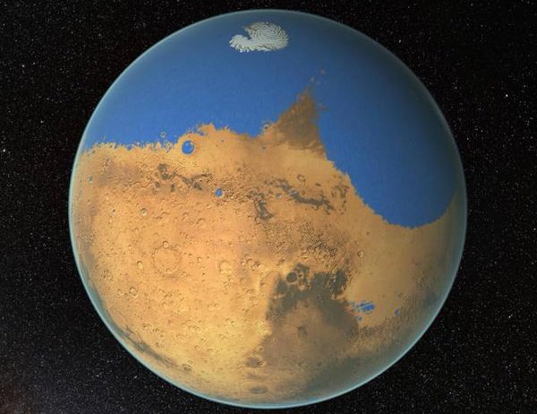 At one time, Mars had a global ocean that may have covered about one third of the planet. Credit: NASA/GSFC