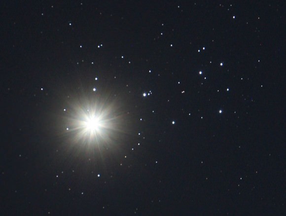 Vênus em 3 de abril de 2012, quando passou pela última vez no aglomerado das Sete Irmãs. Crédito: Bob King